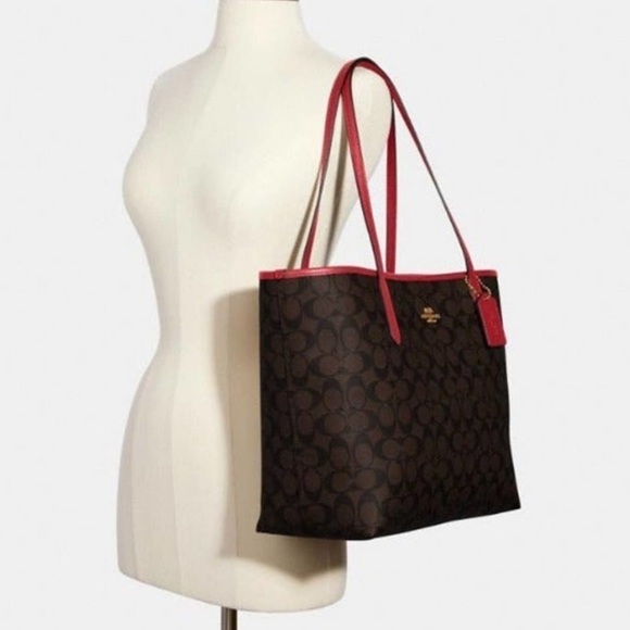 Coach NWT $398 Coach 5696 City Tote Signature Canvas Brown 1941 Red - Picture 8 of 13